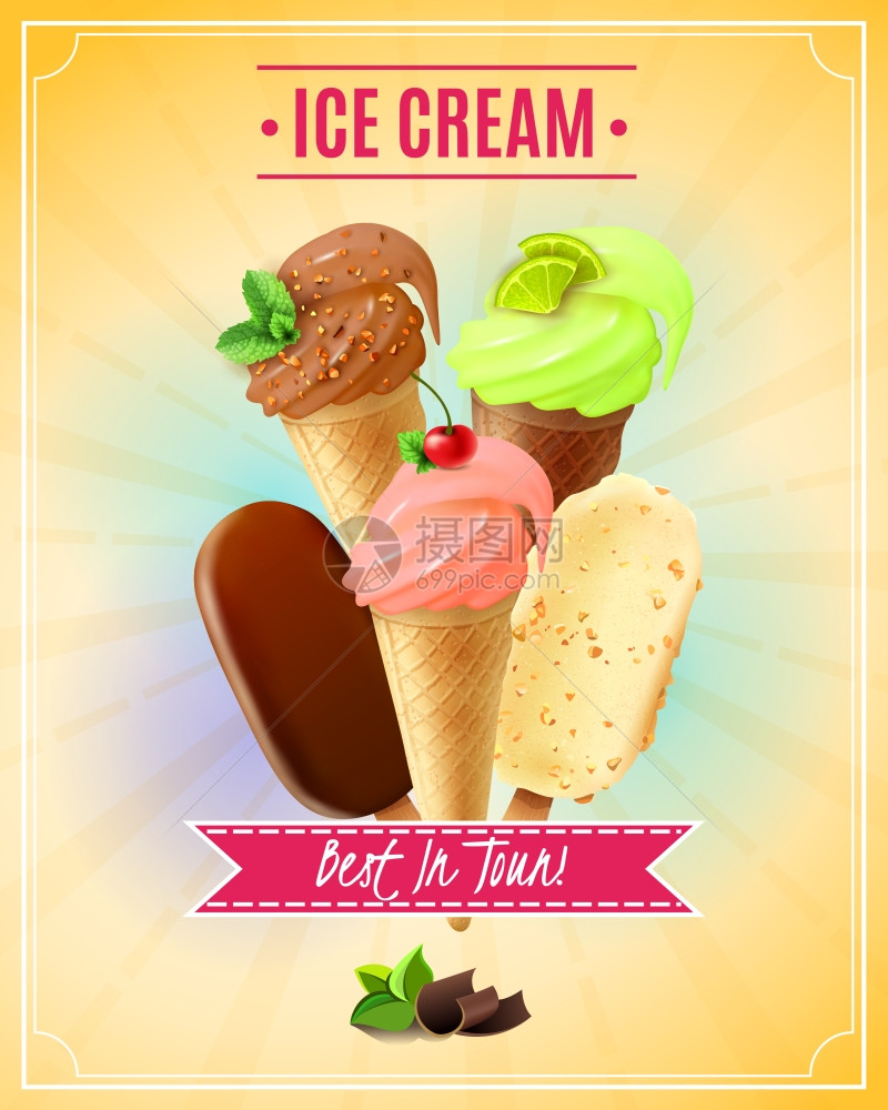 冰淇淋矢量插图矢量插图与樱桃开心果巧克力冰淇淋华夫饼锥坚果爱斯基摩派现实的风格图片