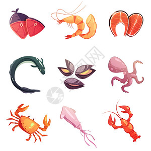 鱿鱼虾海鲜复古卡通图标五颜六色的海鲜复古卡通平图标贝类章鱼,鱿鱼,牡蛎,鳗鱼牛排矢量插图插画