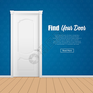 房子的门页平页与封闭的白宫房间门蓝色墙壁矢量插图图片