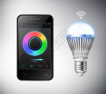 灯LED智能LED灯泡现实的智能手机智能LED灯泡隔离矢量插图插画