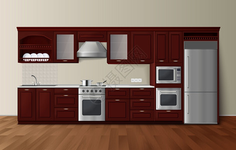 厨房工作台豪华厨房黑暗现实的内部形象现代豪华厨房深棕色橱柜与内置微波炉现实侧视图像矢量插图插画