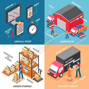 分类储存物流2x2等距物流2x2理念与事装货送货卡车货物储存等距图标矢量图插画