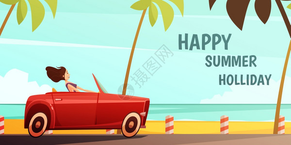 怀旧车素材复古车暑假海报暑假热带岛屿度假老式海报与女孩驾驶复古红色敞篷车汽车卡通矢量插图插画