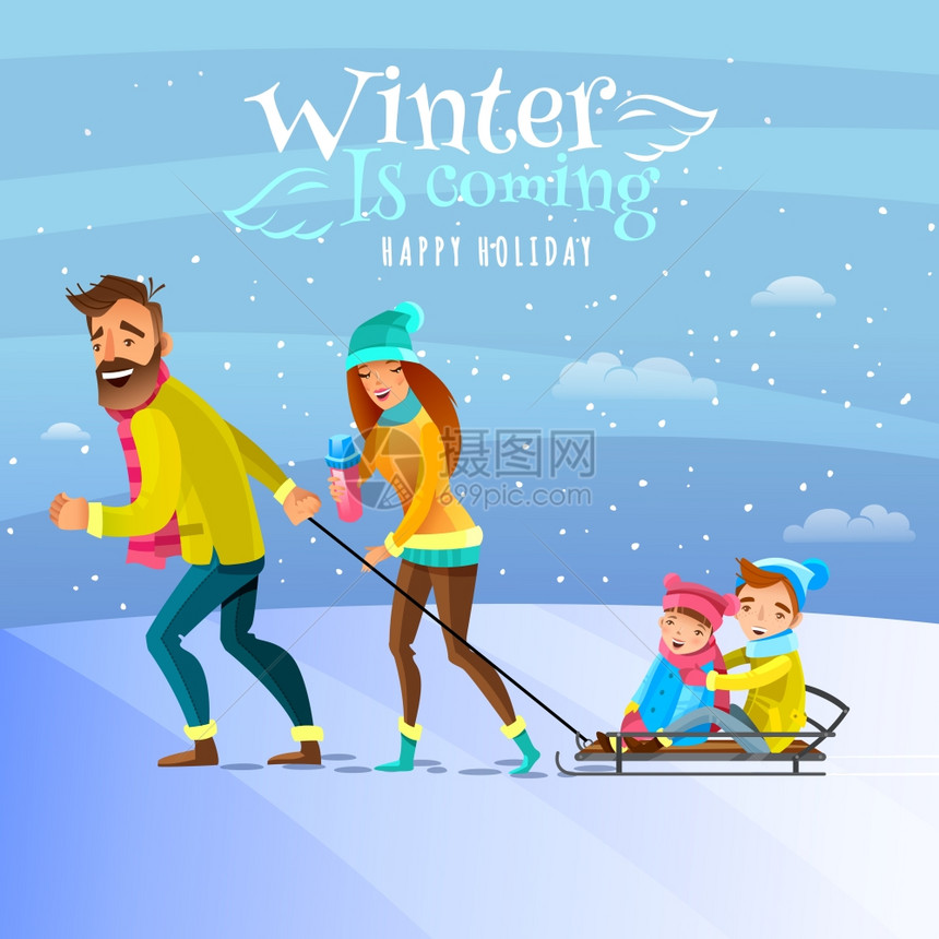 家庭冬季季节插图快乐的家庭外度过冬天,希森假期,孩子们玩卡通矢量插图图片