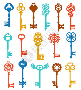 五颜六色的钥匙五颜六色的钥匙同的形状装饰保密复古风格矢量插图图片