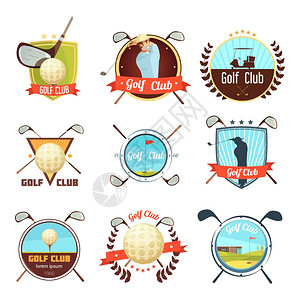 运动协会高尔夫球杆复古风格标签流行的高尔夫球杆复古风格标签收集与袋球球员球场矢量插图插画