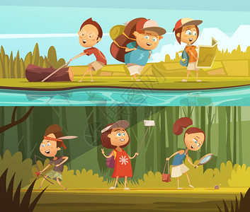 儿童露营横幅儿童露营水平卡通横幅自拍孤立矢量插图图片