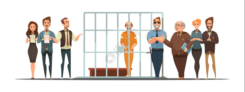 法律公正判决复古卡通海报法律司法复古卡通海报与判决公告罪犯背后的监狱白色背景矢量插图背景图片
