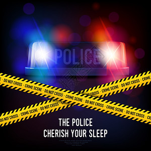 犯罪磁带警报器犯罪场景用黄色胶带红色蓝色闪烁警笛现实矢量插图图片