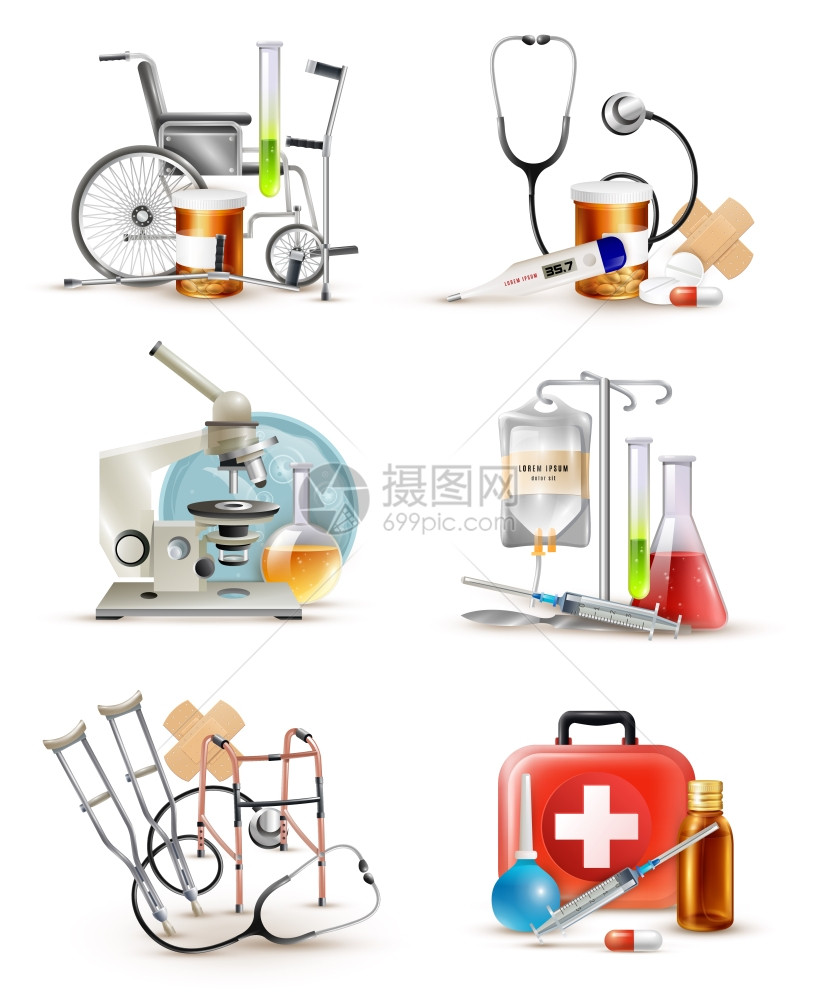 医疗供应要素集保健急救元件拐杖听诊器轮椅家用医药箱装饰图像矢量插图图片