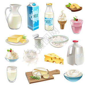 卡通酸奶瓶牛奶产品图标牛奶产品卡通图标奶酪黄油孤立矢量插图插画