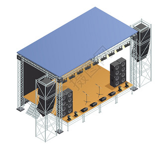 舞台建设素材舞台等距海报海报与等距图像的舞台金属结构与扬声器麦克风聚光灯其他元素矢量插图插画