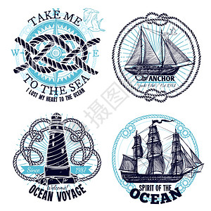 航海罗盘海洋章收集海洋标志收集与船舶轮绳罗盘灯塔手绘风格孤立矢量插图插画