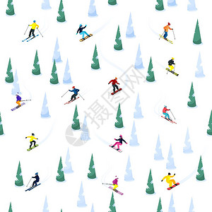 滑雪山无缝图案滑雪无缝装饰图案与小的滑雪者,冰树木的空白背景矢量插图图片
