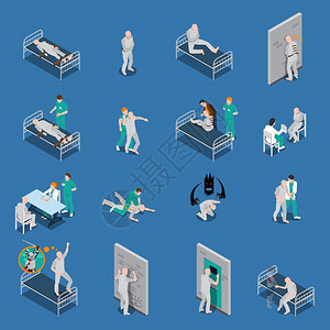 精神病人等距集等距与精神病人沙发上医务人员蓝色背景孤立向量插图图片