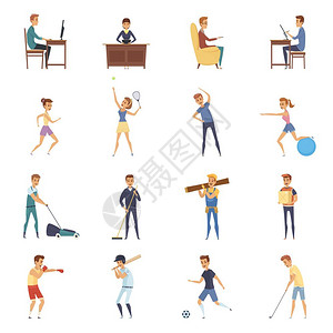积极的生活方式人物图标体育活动生活方式图标卡通人物久坐的身体运动活动矢量插图背景图片