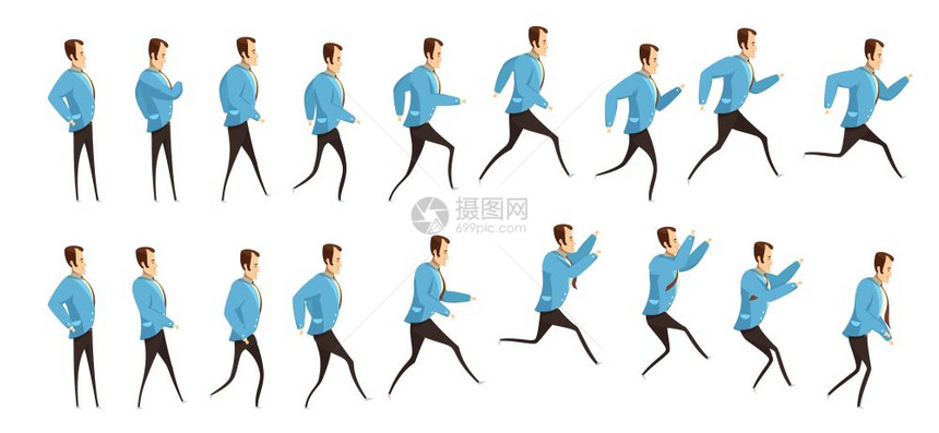跑步跳跃男人动画动画与帧序列的运行跳跃男子商业套装卡通风格孤立矢量插图图片
