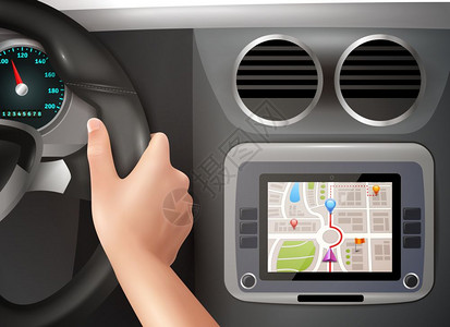 车辆gps汽车GPS导航驾驶员手握方向盘与GPS导航仪驾驶舱汽车板的真实矢量图插画