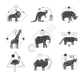 五角形动物多边形单色标志单色多边形集合六个标志与非洲动物几何图案隔离白色背景矢量插图插画