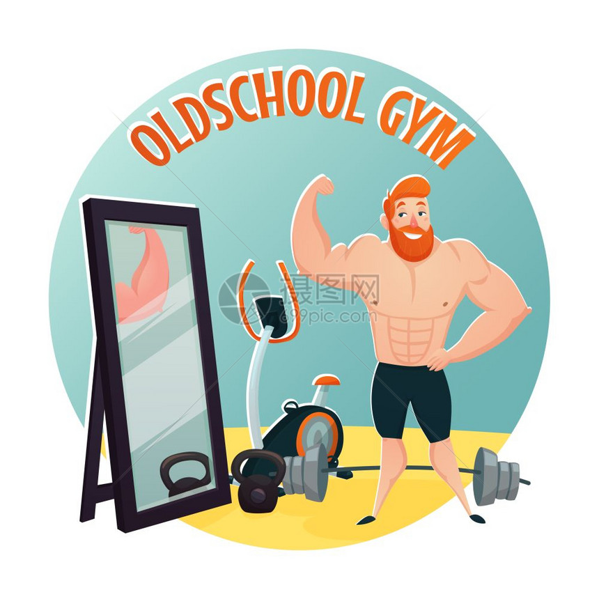 健身学校理念健身房与残忍的红色胡须家伙演示大头肌平卡通矢量插图图片