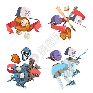 垒球裁判员四个棒球库存成四个棒球库存装饰图标成复古风格与蝙蝠头盔球手套统元素平卡通矢量插图插画