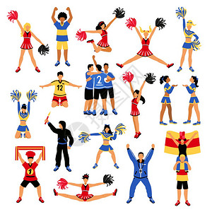 足球运动员啦啦队员球迷集合套足球运动员,教练,球迷带围巾,女孩啦啦队与柚子矢量插图插画