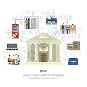 银行取款机平银行信息图平信息与银行建筑设备办事员白色背景矢量插图上完成同的操作插画