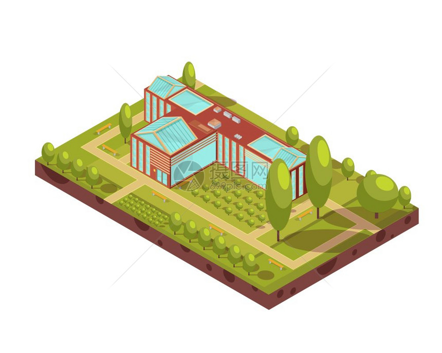大学建筑等距布局大学红色建筑的等距布局与璃屋顶,绿树长凳走道三维矢量插图图片