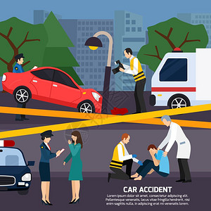 车祸平风格插图汽车路灯事故与受伤人员救护车道路警告磁带平式矢量插图背景图片