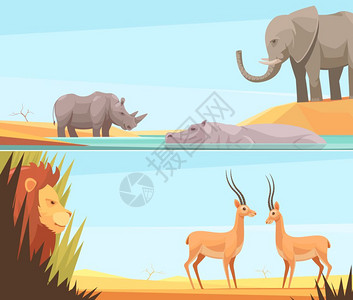 非洲野生横幅两个水平的野生动物横幅了平图像的猎物野兽动物与热带景观矢量插图背景图片