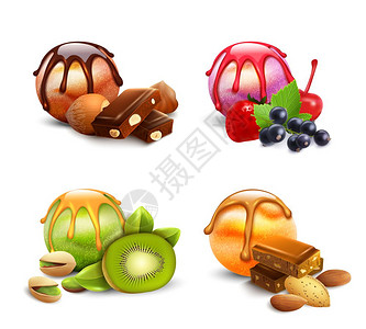 风味餐冰淇淋勺套冰淇淋勺分类图像与果酱浆果,巧克力,猕猴桃坚果配料矢量插图插画
