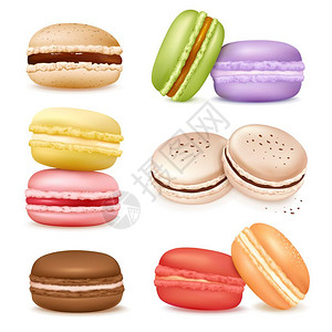马卡龙商品集马卡龙集与同口味颜色矢量插图的甜新鲜烤杏仁饼干的孤立图像图片