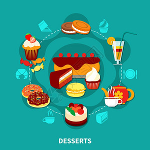 甜点盘餐厅甜点圆形构图餐厅与圆形成的平糖果饮料图像各种菜肴象形图剪影矢量插图插画