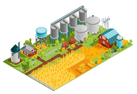 农场建筑等距景观农场农村建筑等距成与房屋水库,磨坊种植场的小麦矢量插图背景图片