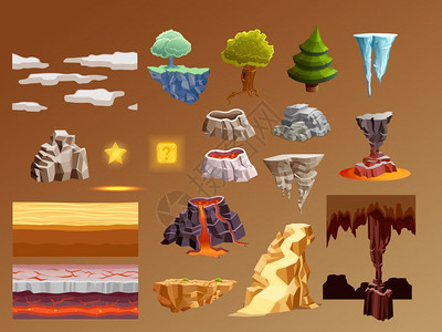 电脑游戏卡通元素三维集电脑游戏3D明亮的发光元素收集与黄金熔岩火山爆发焦糖棕色背景矢量插图背景图片
