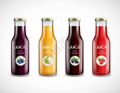 收集果汁的璃瓶收集光滑的璃瓶与果汁圆形标签上的白色背景孤立矢量插图图片