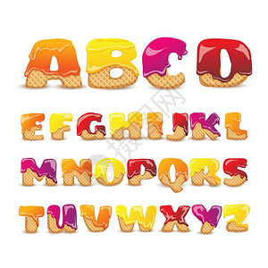 脆甜麻花涂布晶片甜字母表字母集涂布华夫饼拉丁字母甜字母与水果风味趣的彩色象形文字收集海报抽象矢量插图插画