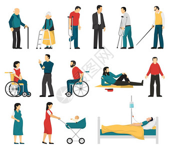 残疾人残疾人,包括盲聋受伤者老人孕妇婴儿孤立矢量插图背景图片