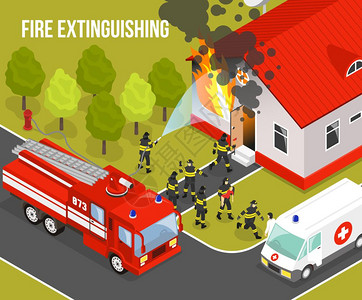 消防部门的成彩色消防部门成与情况灭火公寓楼标题矢量插图插画