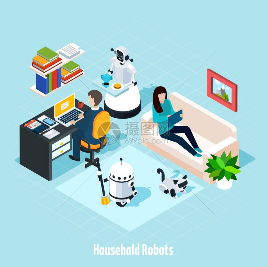 家用机器人等距成家庭机器人等距成与机器人帮助轻家庭休息自由时间矢量插图图片
