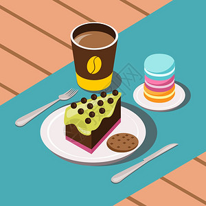 焦糖饼干甜蜜的早餐作文甜早餐卡通构图与咖啡蛋糕饼干矢量插图插画