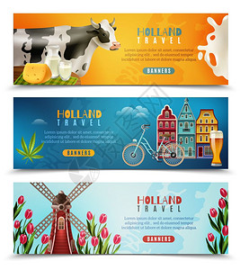 荷兰风车景观荷兰旅行水平横幅荷兰文化为游客与荷兰房屋奶牛风车与郁金香横幅矢量插图插画