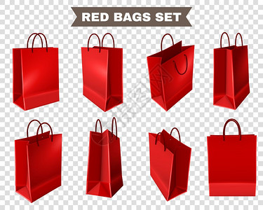 红色购物袋套装套红色购物袋塑料纸与手柄透明背景隔离矢量插图插画