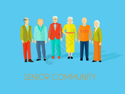 高级社区人士海报高级社区中心老人聚会场所享受社交活动,平蓝色背景海报矢量插图背景图片