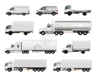 包括白色现实的货运车辆套逼真的白色货车,包括各种拖车卡车货车的重型卡车插画