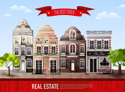 欧洲老房子海报广告海报与街道旧的欧洲房屋绿树蓝天背景矢量插图图片