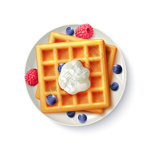 家庭式早餐华夫饼现实的顶部视图图像早餐菜单项目甜比利时华夫饼与蓝莓覆盆子奶油现实的顶部视图板图像矢量插图插画