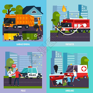 紧急服务图标四个方形应急服务图标垃圾清除救护车描述矢量插图图片