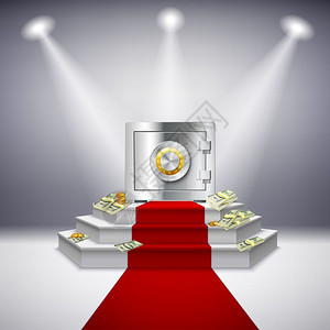 锁和钞票现实的金钱表现现实的金钱表现与钢安全美元钞票节日舞台投影仪红地毯隔离矢量插图插画