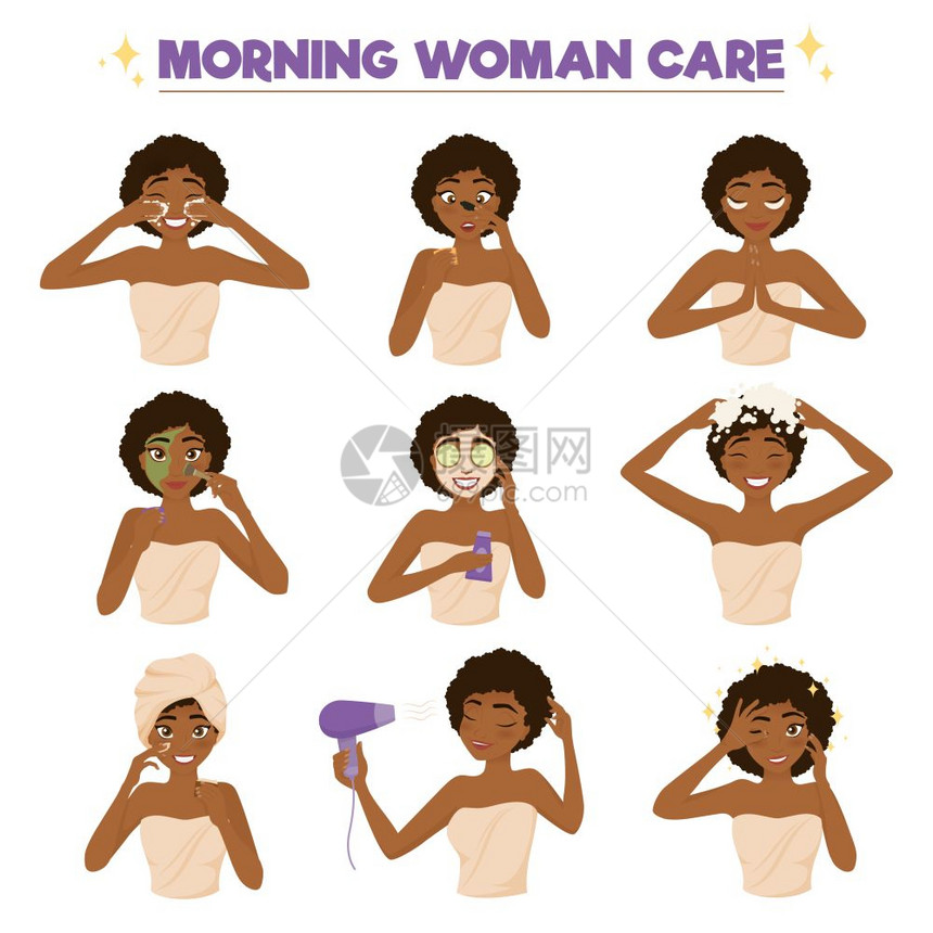 美国妇女上午例行图标彩色AFRO美国妇女上午例行图标与早晨妇女护理矢量插图图片